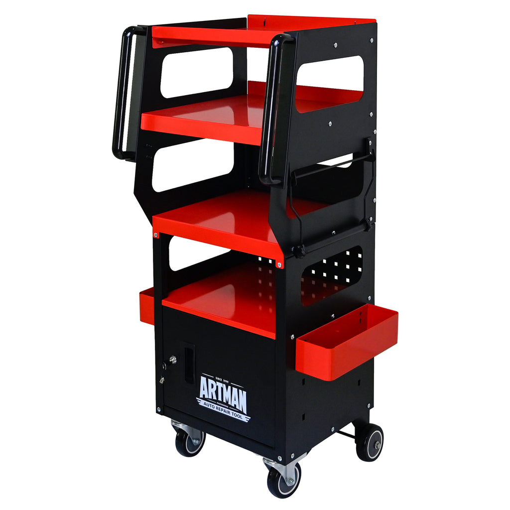 Chariot à Outils Professionnel Artmann 4 Niveaux avec Armoire – Rouge/Noir - CD-1700