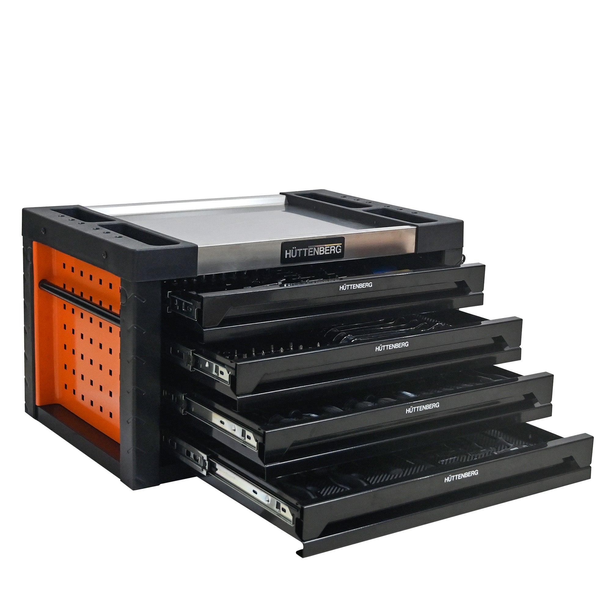 Huttenberg Servante d’Atelier 4 Tiroirs Garnis – Orange & Noir – Glissières à Billes – Acier Renforcé – 45 kg – Outillage Inclus