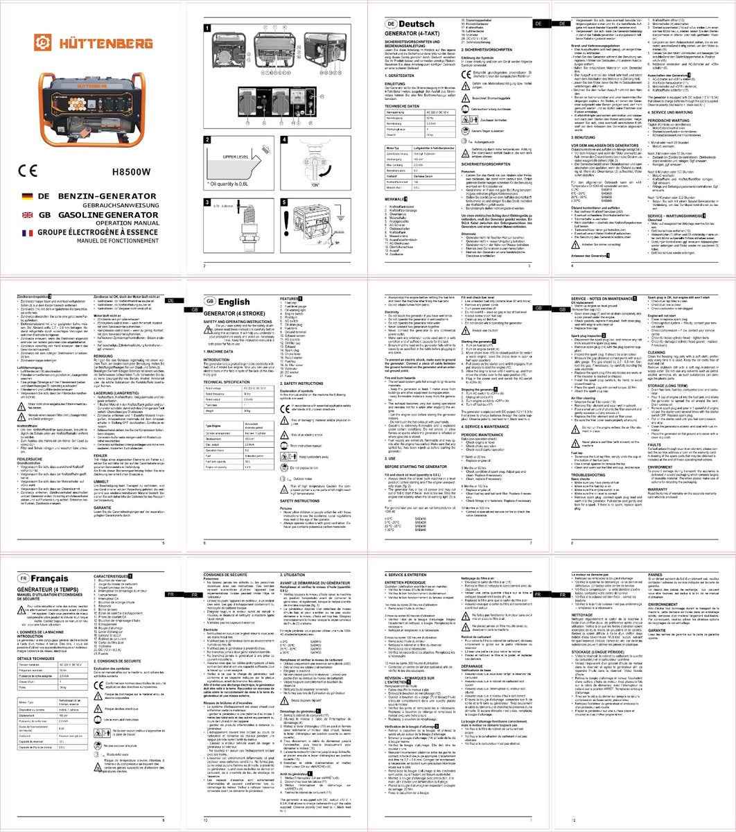 Groupe électrogène silencieux Huttenberg H8500W 3,3 kW – Essence – Mobile – Alimentation de secours - Orange