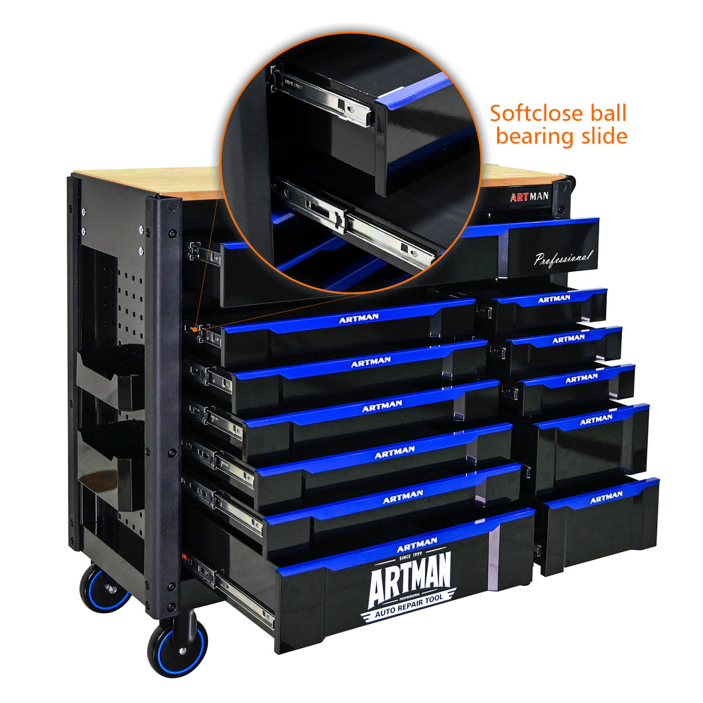 Servante d'Atelier Artman 1120x455x1000mm Très Grande Capacité  13 tiroirs – Noir/Bleu CD-4512WOOD