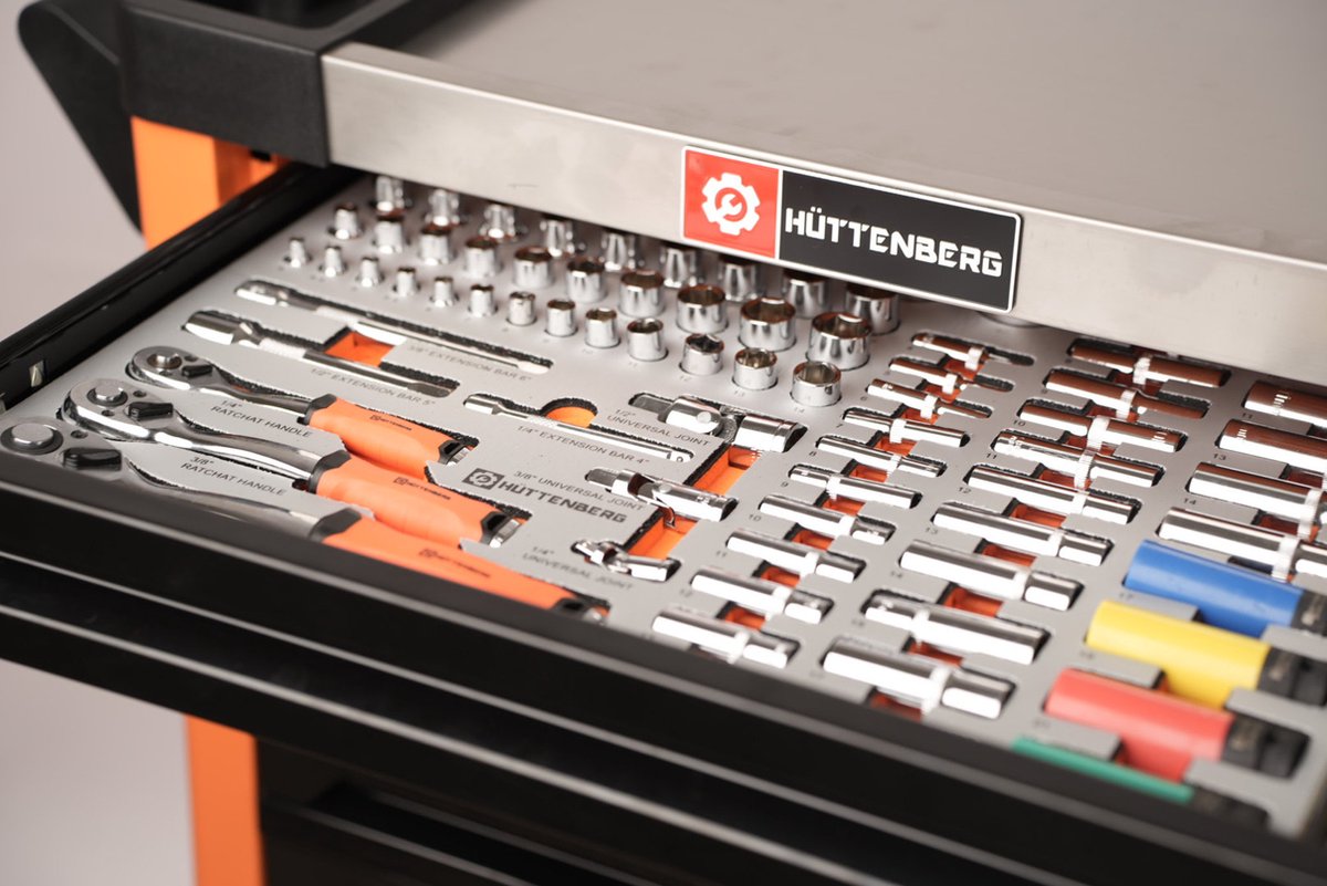 Huttenberg Servante d’Atelier 6 tiroirs rempli sur 7 avec Plan de Travail en acier – Chariot à Outils Professionnel Mobile – Atelier & Garage