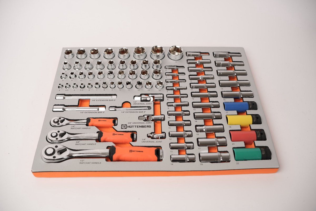 Huttenberg Servante d’Atelier 6 tiroirs rempli sur 7 avec Plan de Travail en acier – Chariot à Outils Professionnel Mobile – Atelier & Garage