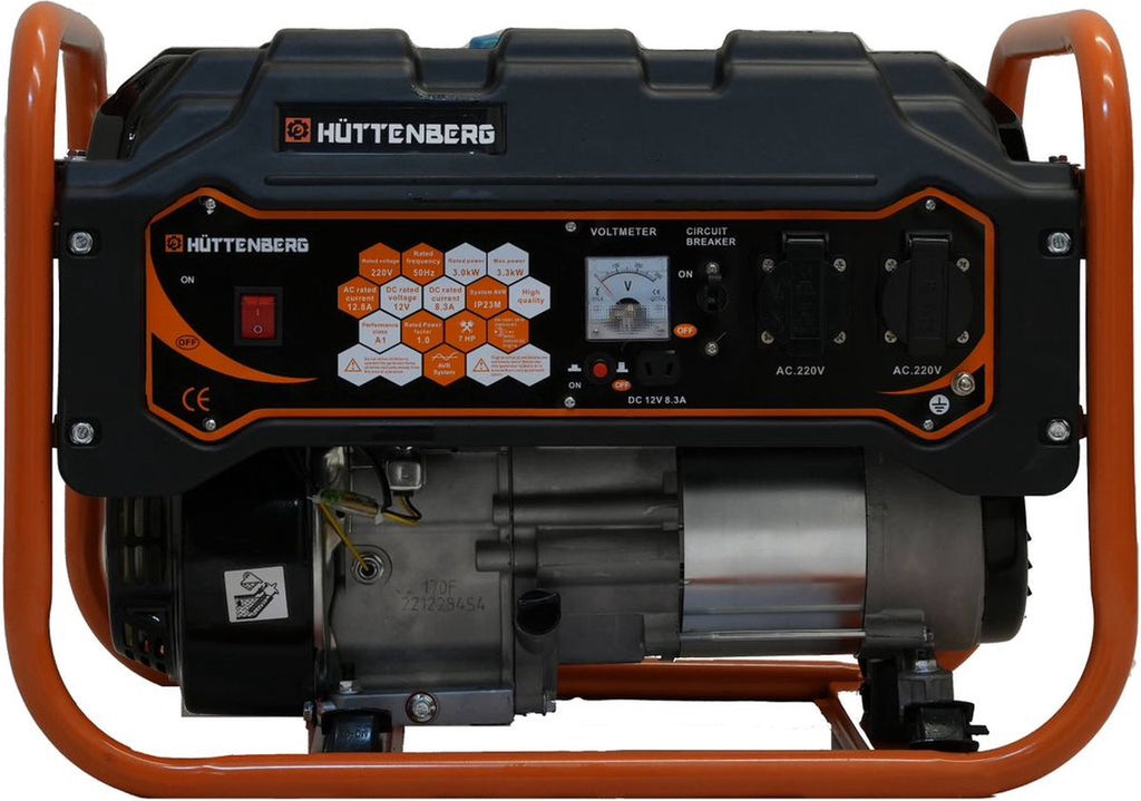 Groupe électrogène silencieux Huttenberg H8500W 3,3 kW – Essence – Mobile – Alimentation de secours - Orange