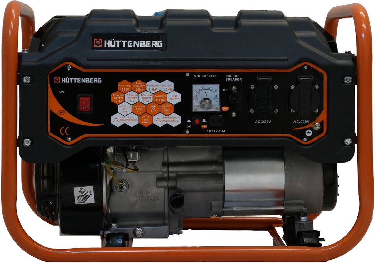 Groupe électrogène silencieux Huttenberg H8500W 3,3 kW – Essence – Mobile – Alimentation de secours - Orange