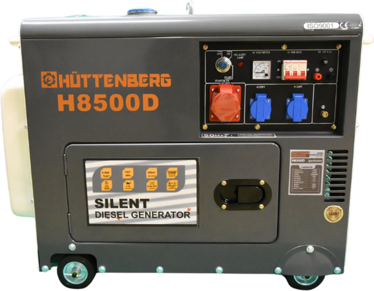 Huttenberg H8500D Groupe Électrogène Diesel 5 KVA – 5000W – Mobile – Démarrage Électrique – AVR – Alimentation de Secours