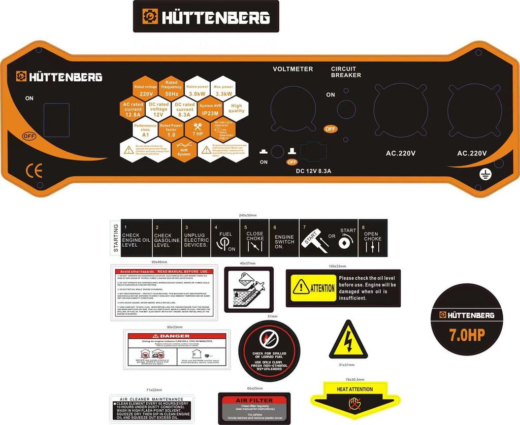 Groupe électrogène silencieux Huttenberg H8500W 3,3 kW – Essence – Mobile – Alimentation de secours - Orange