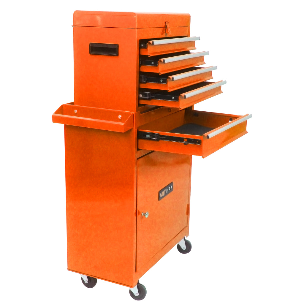 Chariot à outils ARTMAN CD-1201 – 2 tiroirs – Compact et robuste – Acier thermolaqué – Orange