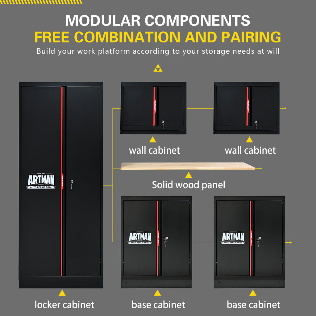 Set de meubles de garage Artman 5 pièces – Noir & rouge – Armoires murales et sur pied avec plan de travail et serrures - CD-3000LWB