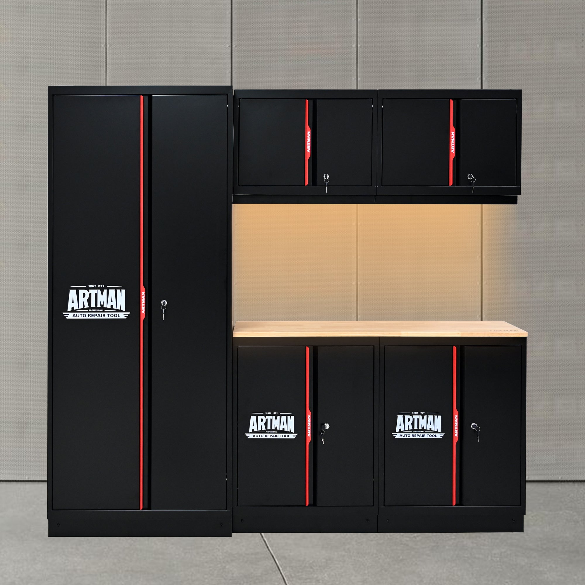 Set de meubles de garage Artman 5 pièces – Noir & rouge – Armoires murales et sur pied avec plan de travail et serrures - CD-3000LWB