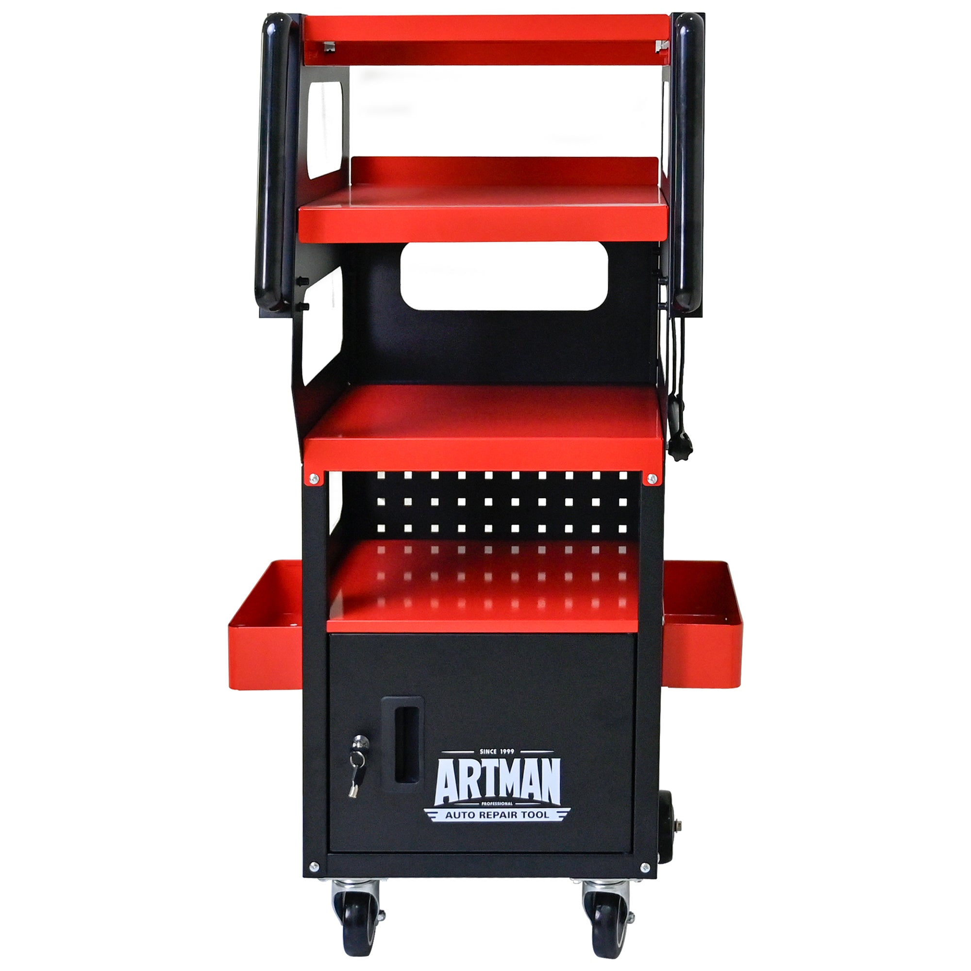 Chariot à Outils Professionnel Artmann 4 Niveaux avec Armoire – Rouge/Noir - CD-1700