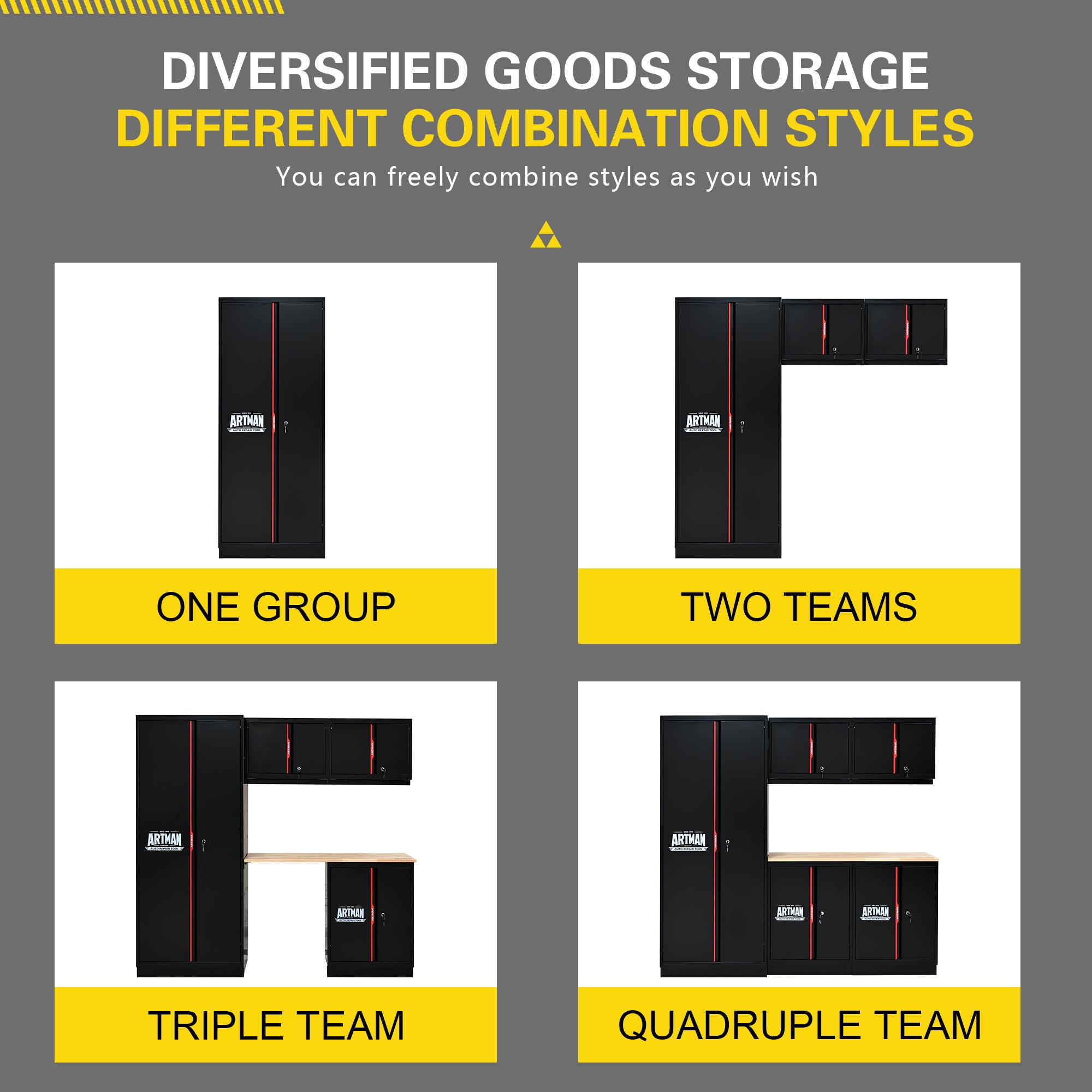 Set de meubles de garage Artman 5 pièces – Noir & rouge – Armoires murales et sur pied avec plan de travail et serrures - CD-3000LWB