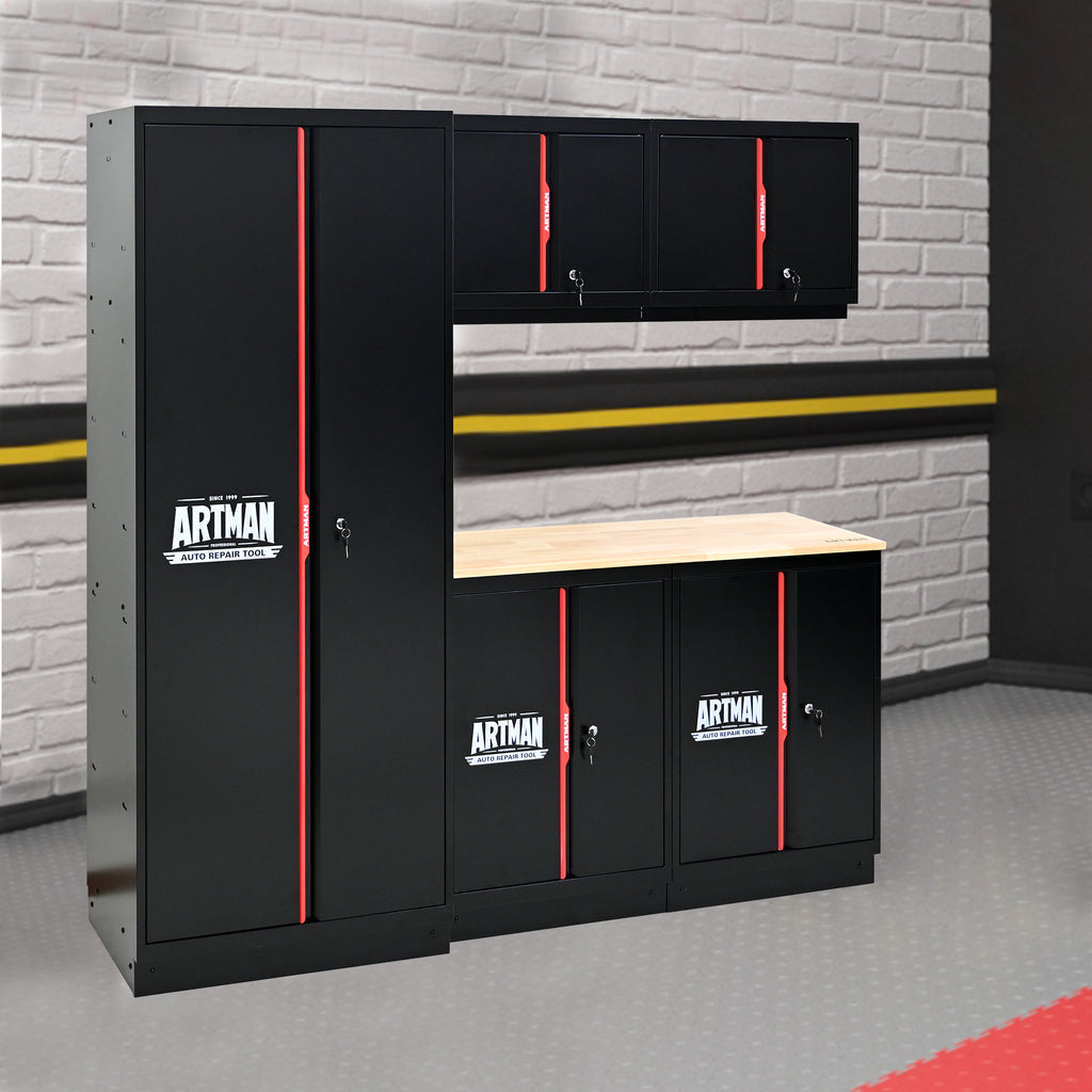 Set de meubles de garage Artman 5 pièces – Noir & rouge – Armoires murales et sur pied avec plan de travail et serrures - CD-3000LWB
