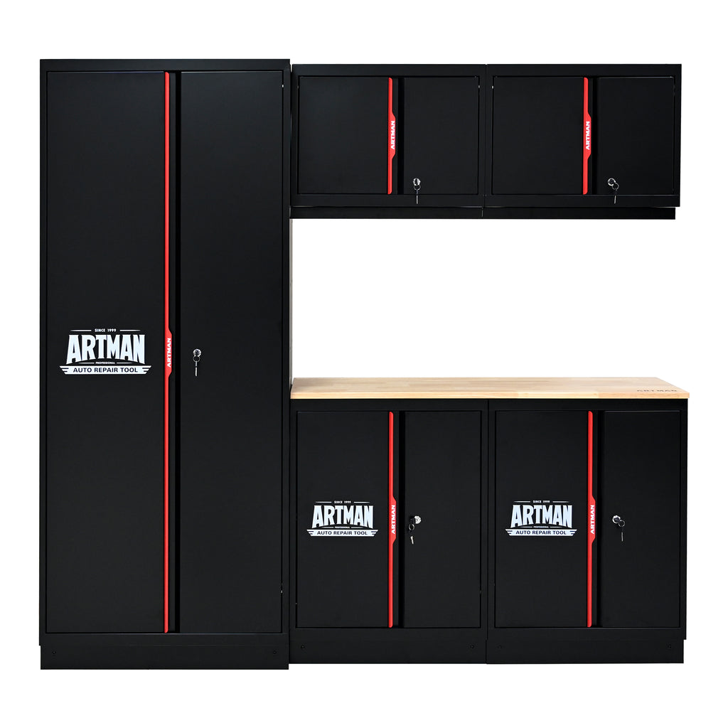 Set de meubles de garage Artman 5 pièces – Noir & rouge – Armoires murales et sur pied avec plan de travail et serrures - CD-3000LWB