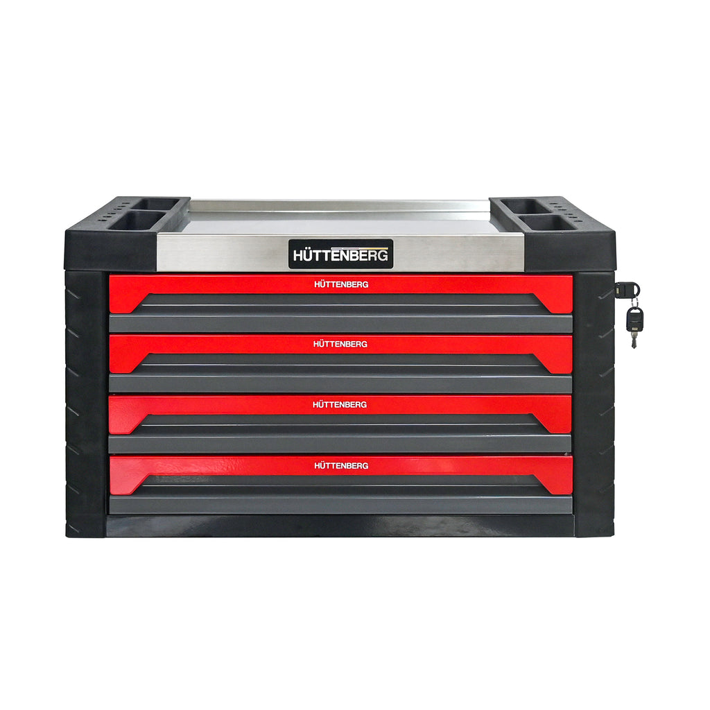 Huttenberg Servante d’Atelier 4 Tiroirs Garnis – Gris & Rouge – Glissières à Billes – Acier Renforcé – 45 kg – Outillage Inclus