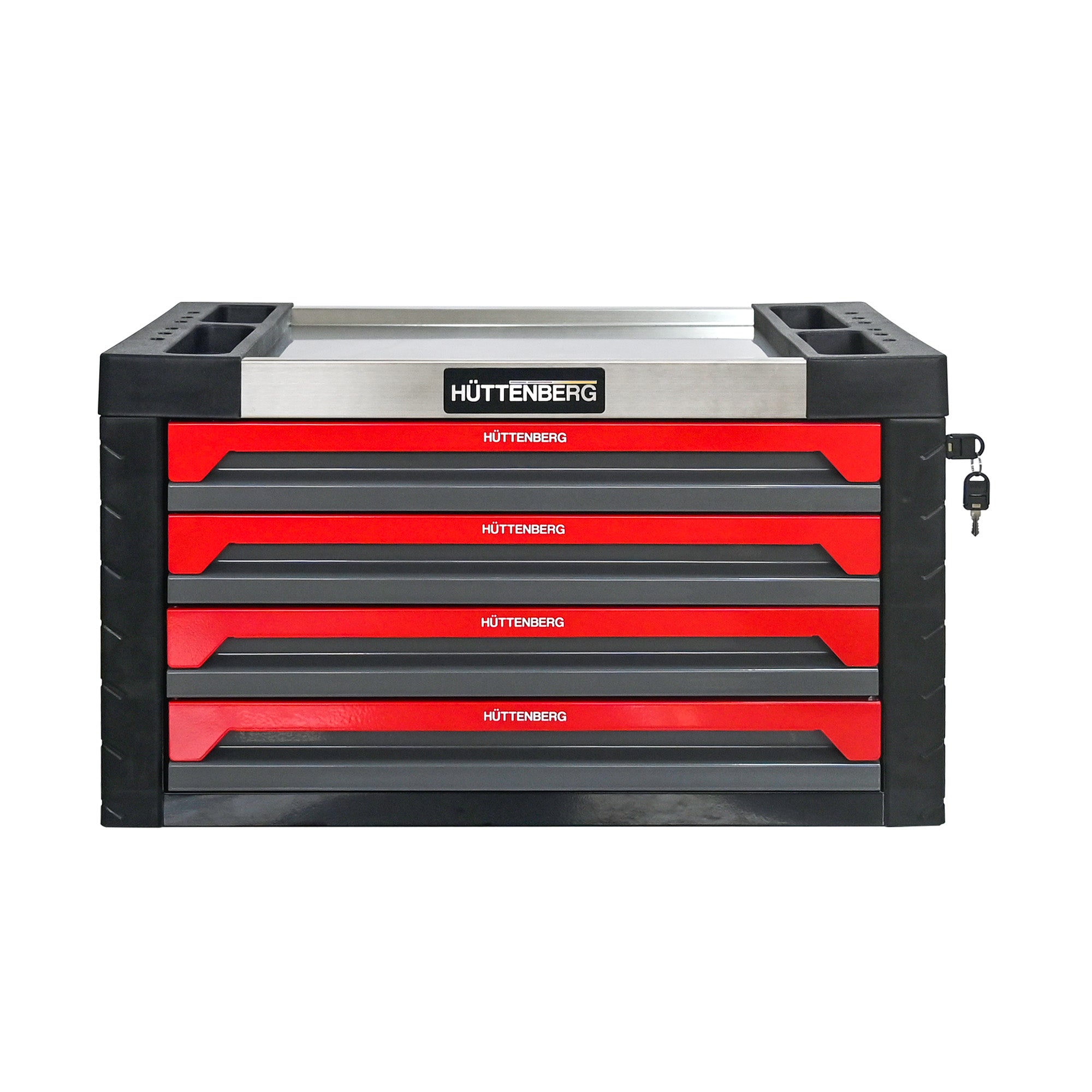 Huttenberg Servante d’Atelier 4 Tiroirs Garnis – Gris & Rouge – Glissières à Billes – Acier Renforcé – 45 kg – Outillage Inclus