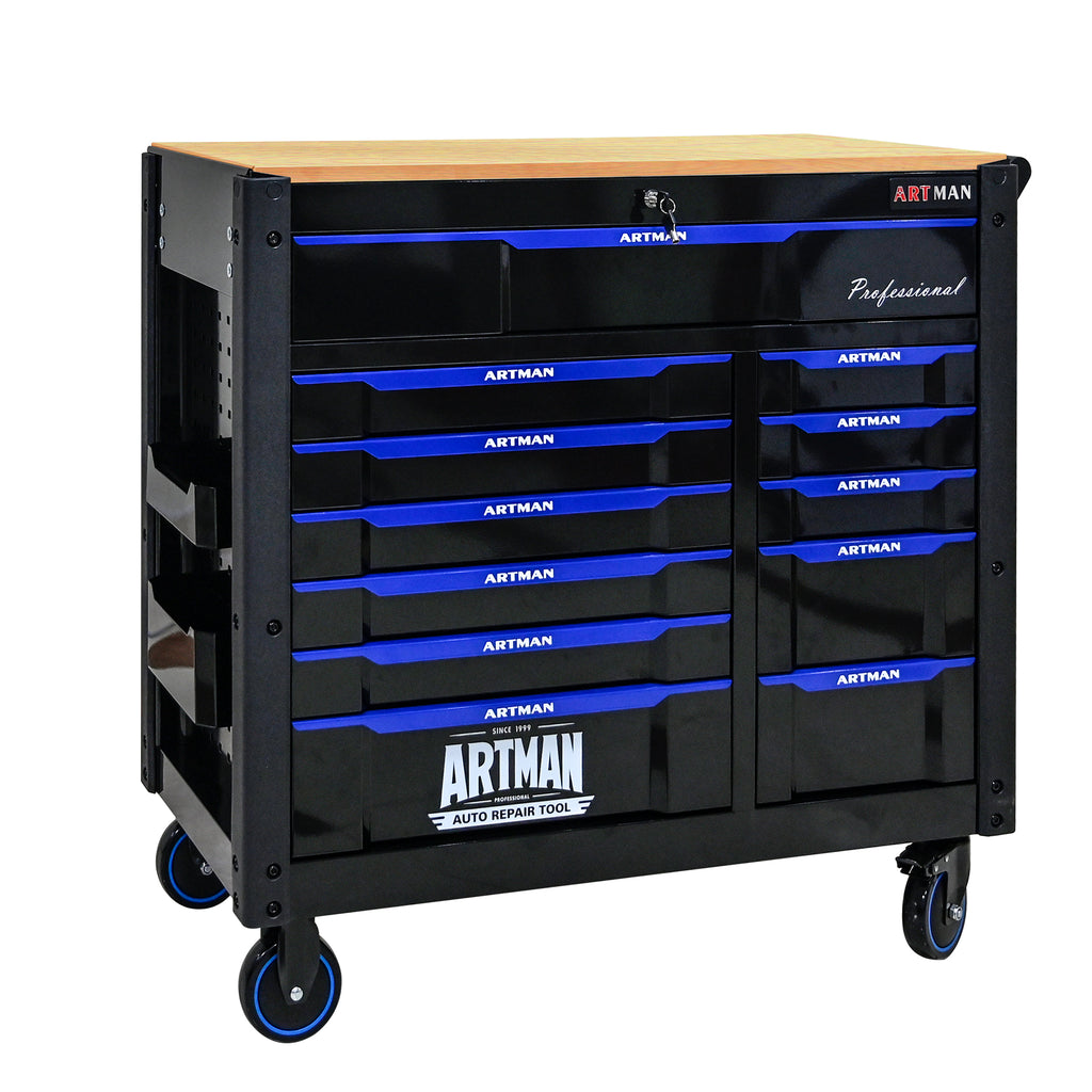 Servante d'Atelier Artman 1120x455x1000mm Très Grande Capacité  13 tiroirs – Noir/Bleu CD-4512WOOD