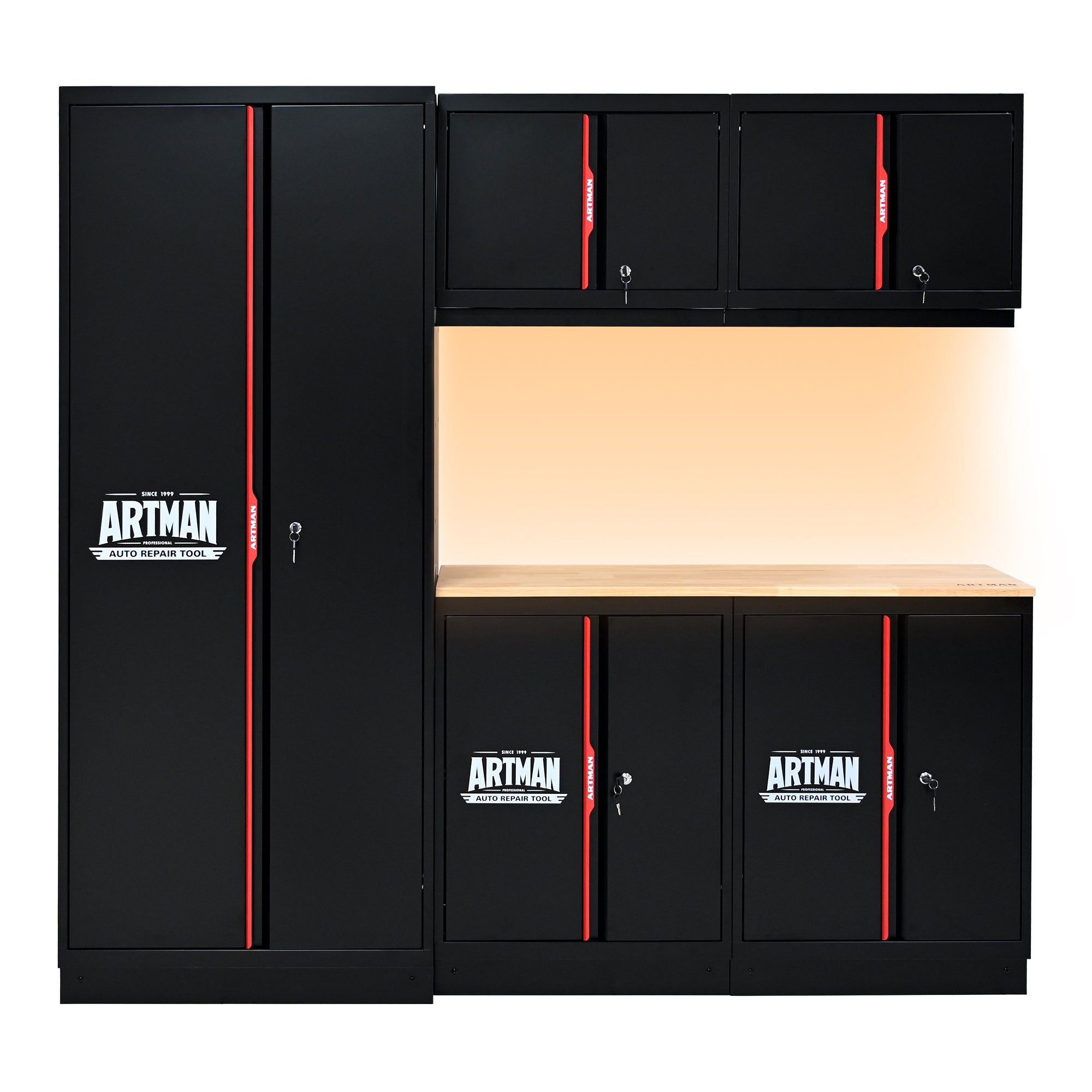 Set de meubles de garage Artman 5 pièces – Noir & rouge – Armoires murales et sur pied avec plan de travail et serrures - CD-3000LWB