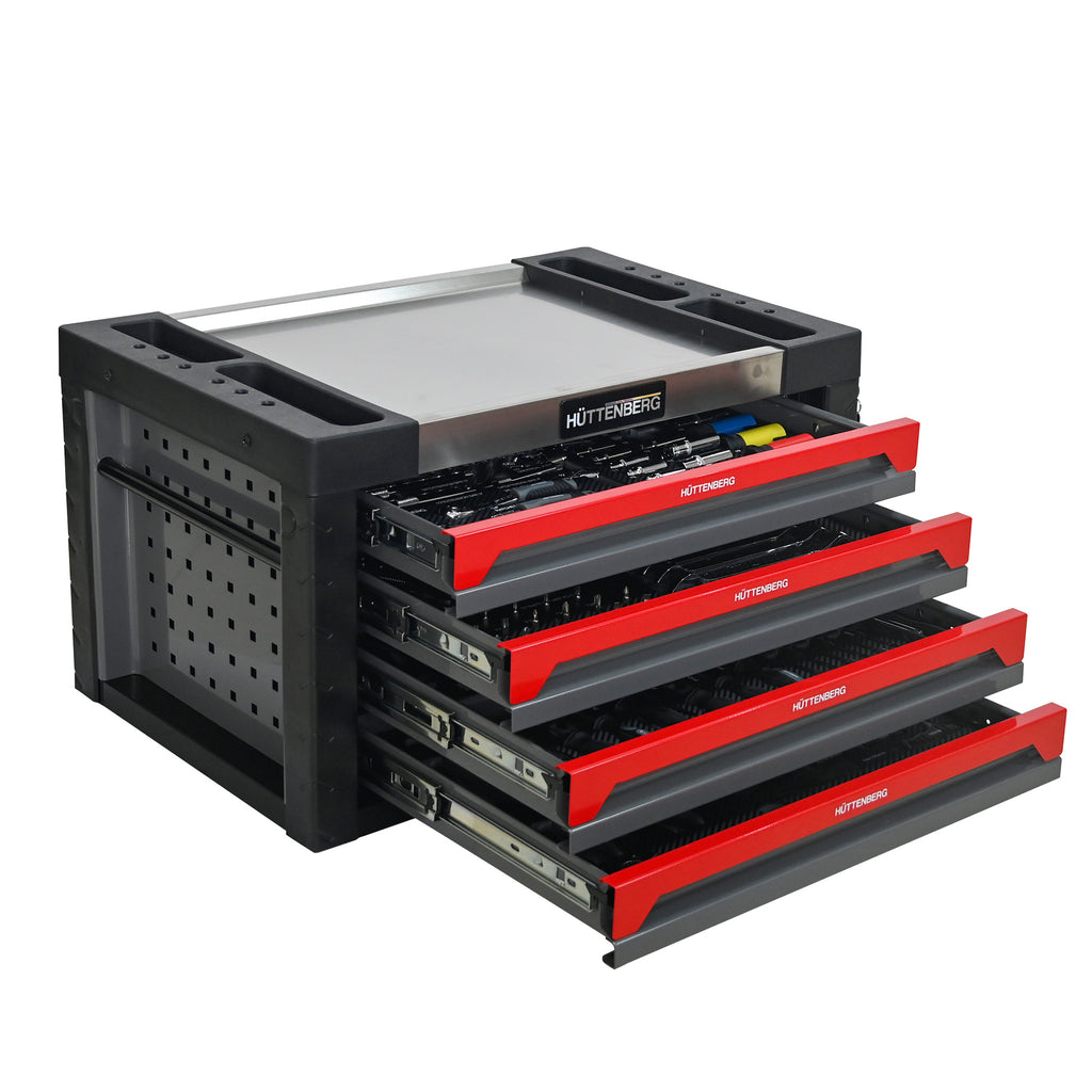 Huttenberg Servante d’Atelier 4 Tiroirs Garnis – Gris & Rouge – Glissières à Billes – Acier Renforcé – 45 kg – Outillage Inclus