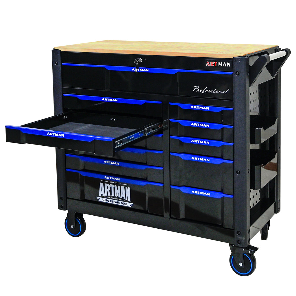 Servante d'Atelier Artman 1120x455x1000mm Très Grande Capacité  13 tiroirs – Noir/Bleu CD-4512WOOD