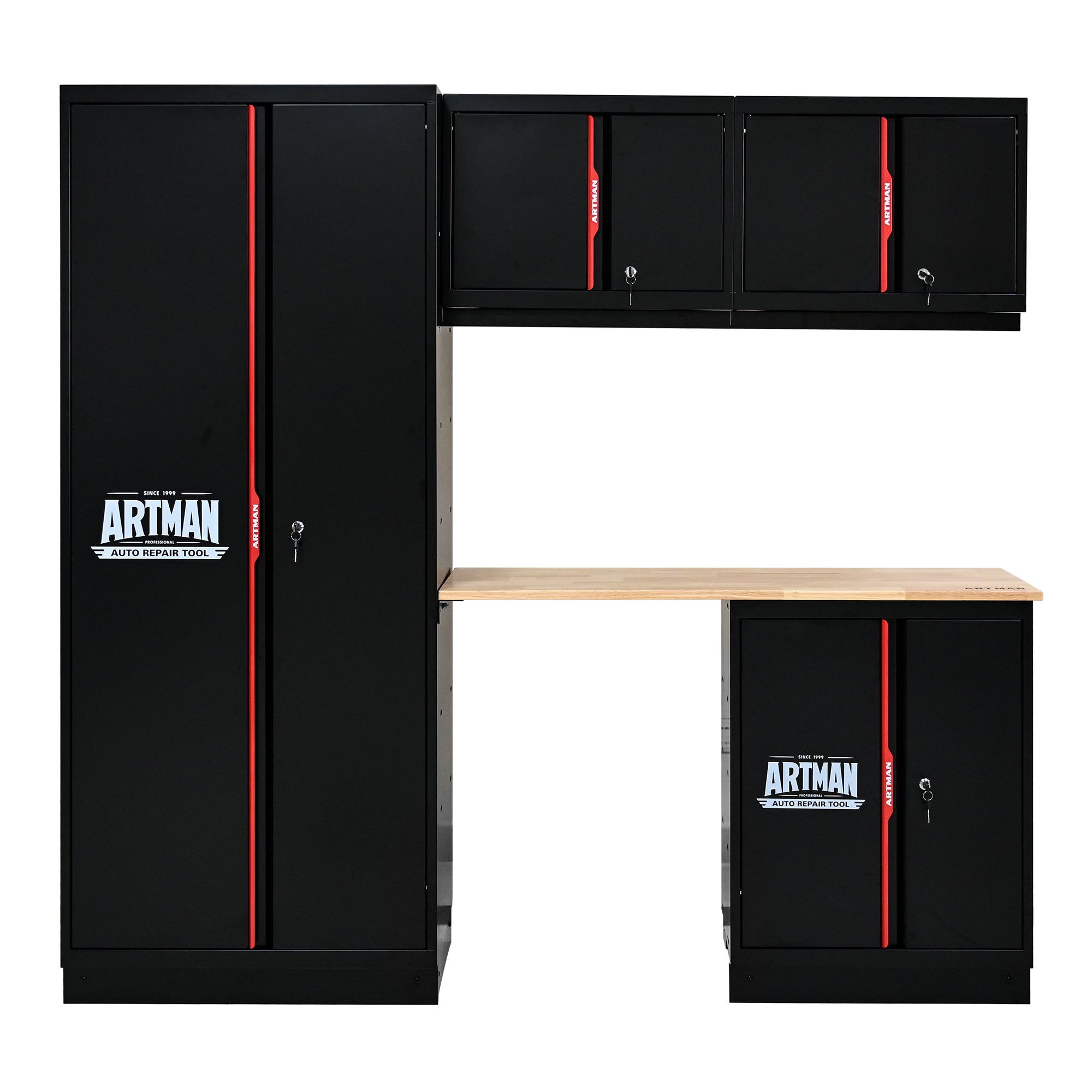 Set de meubles de garage Artman 5 pièces – Noir & rouge – Armoires murales et sur pied avec plan de travail et serrures - CD-3000LWB