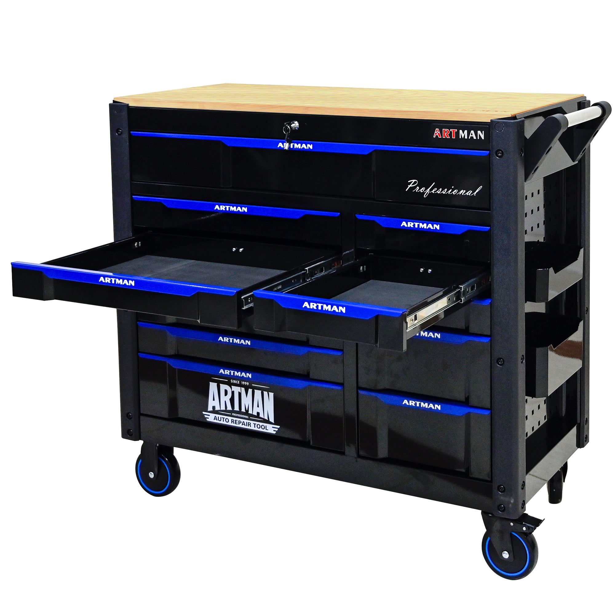 Servante d'Atelier Artman 1120x455x1000mm Très Grande Capacité  13 tiroirs – Noir/Bleu CD-4512WOOD