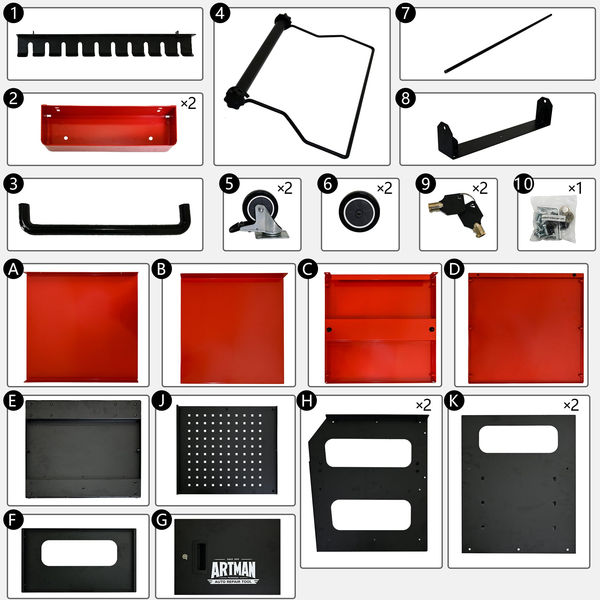 Chariot à Outils Professionnel Artmann 4 Niveaux avec Armoire – Rouge/Noir - CD-1700