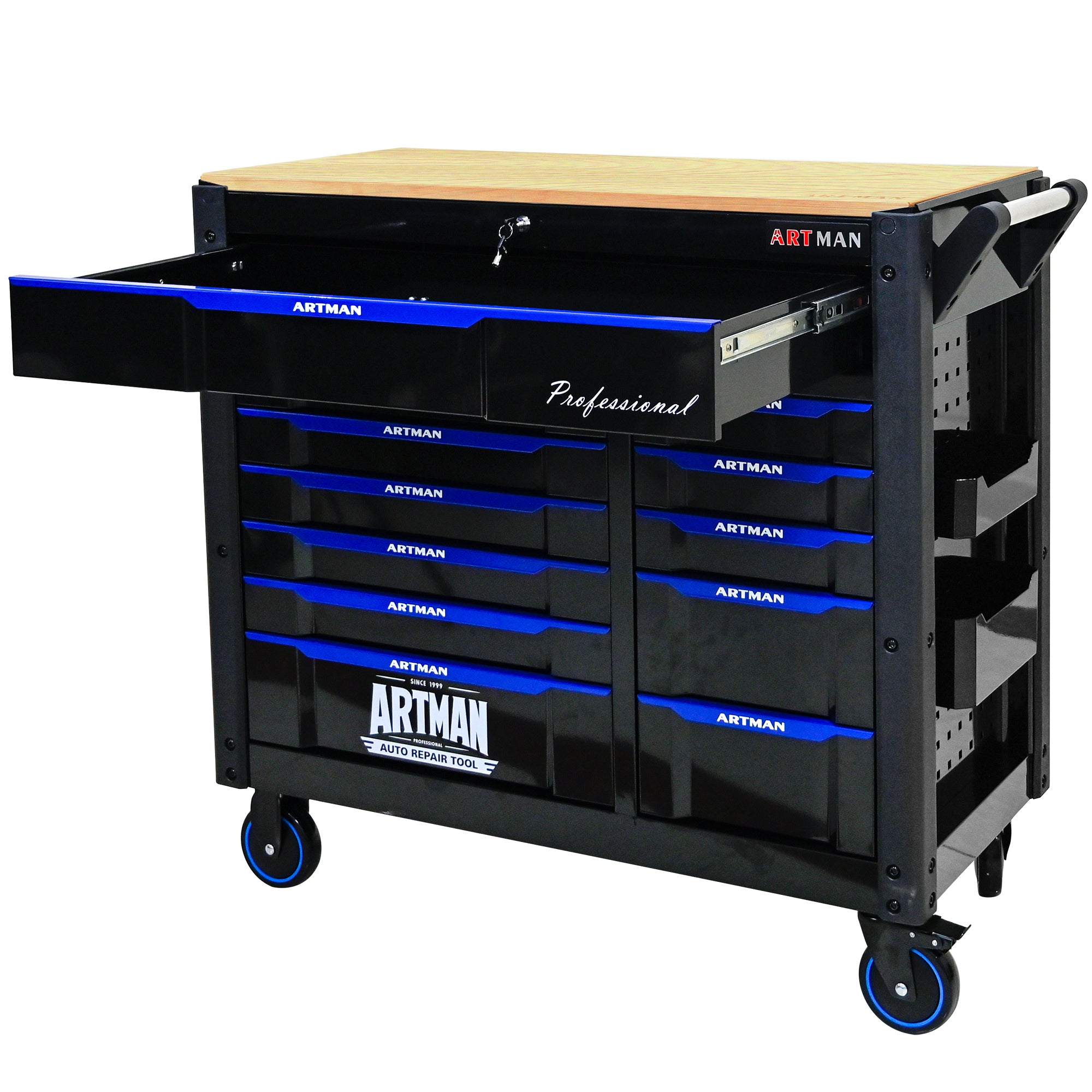 Servante d'Atelier Artman 1120x455x1000mm Très Grande Capacité  13 tiroirs – Noir/Bleu CD-4512WOOD