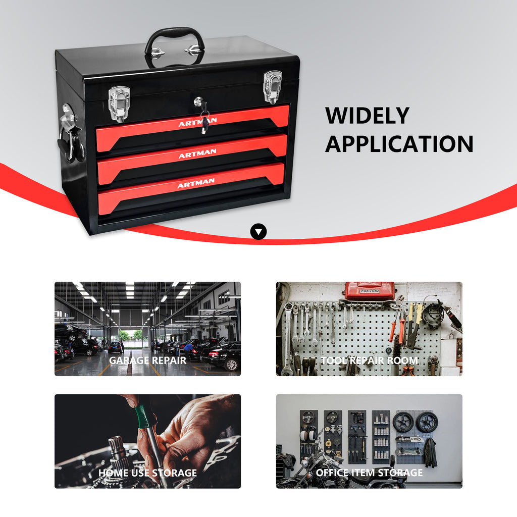 Caisse à Outils Artman 500x270x351mm avec 3 Tiroirs – Noir/Rouge - CD-2003