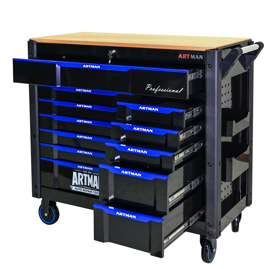 Servante d'Atelier Artman 1120x455x1000mm Très Grande Capacité  13 tiroirs – Noir/Bleu CD-4512WOOD