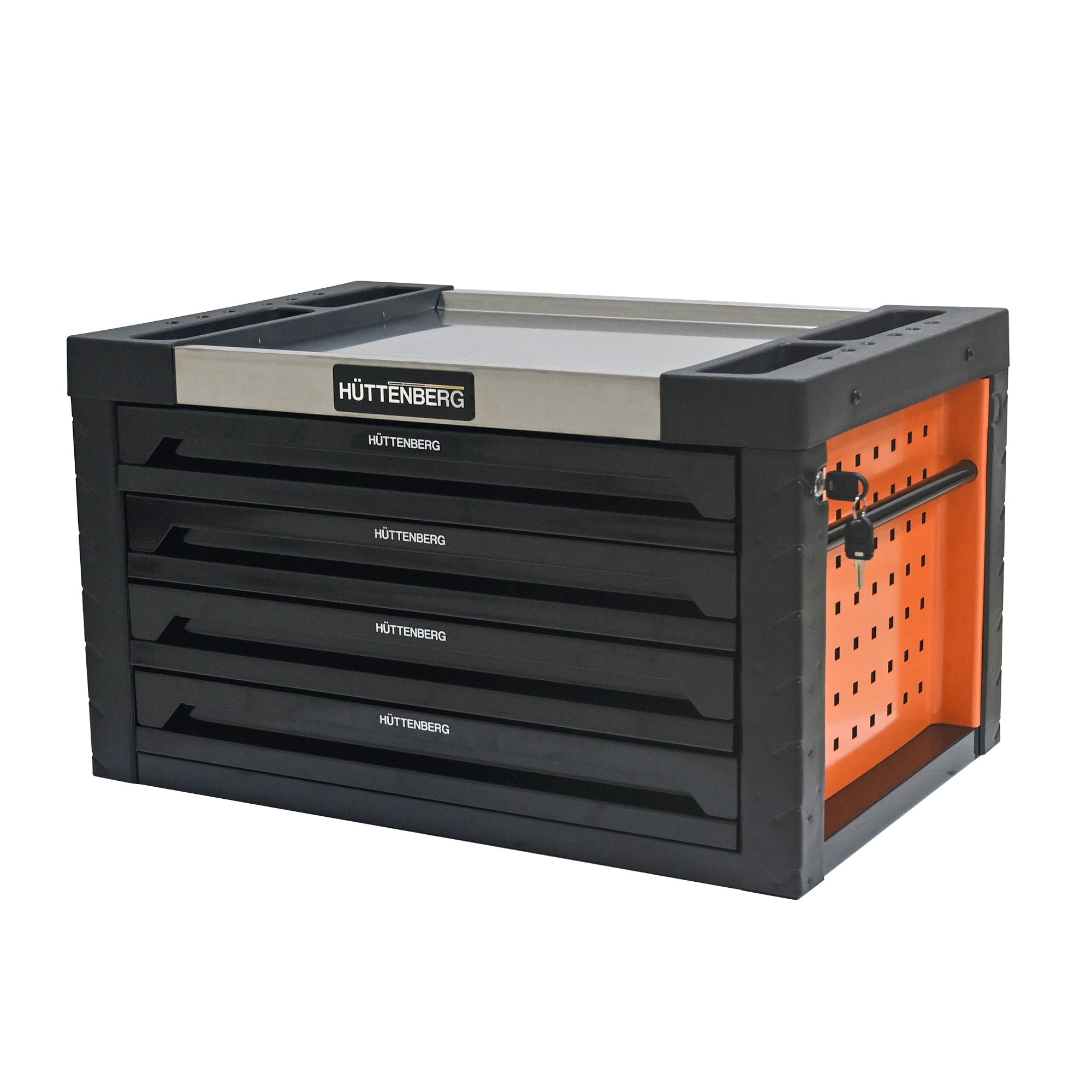 Huttenberg Servante d’Atelier 4 Tiroirs Garnis – Orange & Noir – Glissières à Billes – Acier Renforcé – 45 kg – Outillage Inclus