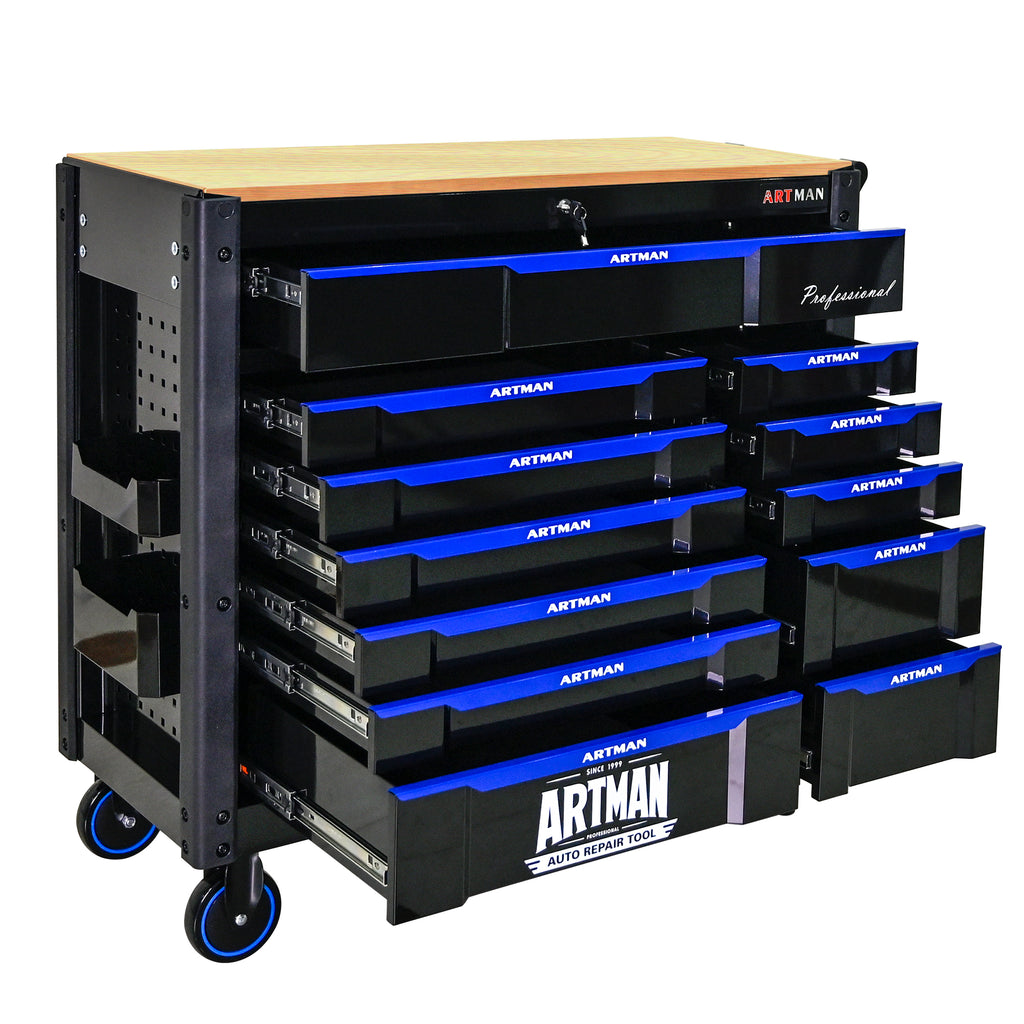 Servante d'Atelier Artman 1120x455x1000mm Très Grande Capacité  13 tiroirs – Noir/Bleu CD-4512WOOD