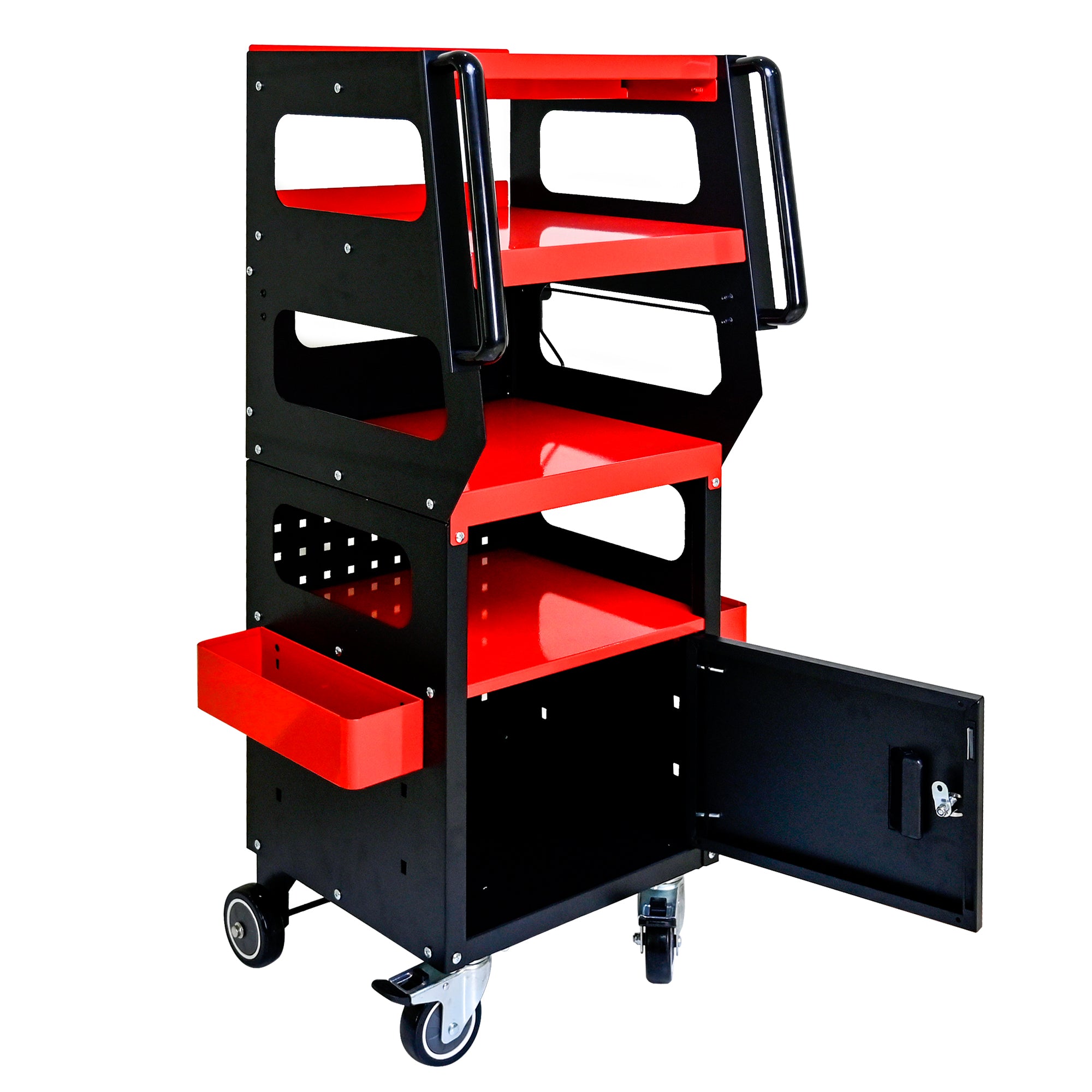 Chariot à Outils Professionnel Artmann 4 Niveaux avec Armoire – Rouge/Noir - CD-1700