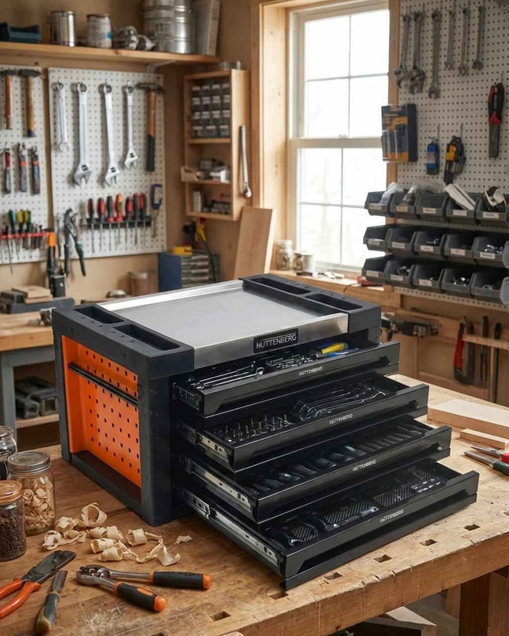 Huttenberg Servante d’Atelier 4 Tiroirs Garnis – Orange & Noir – Glissières à Billes – Acier Renforcé – 45 kg – Outillage Inclus