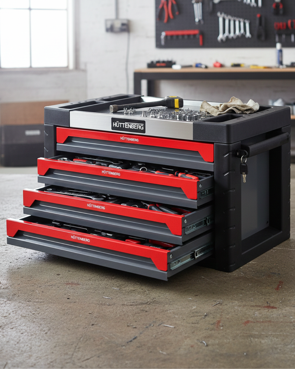 Huttenberg Servante d’Atelier 4 Tiroirs Garnis – Gris & Rouge – Glissières à Billes – Acier Renforcé – 45 kg – Outillage Inclus