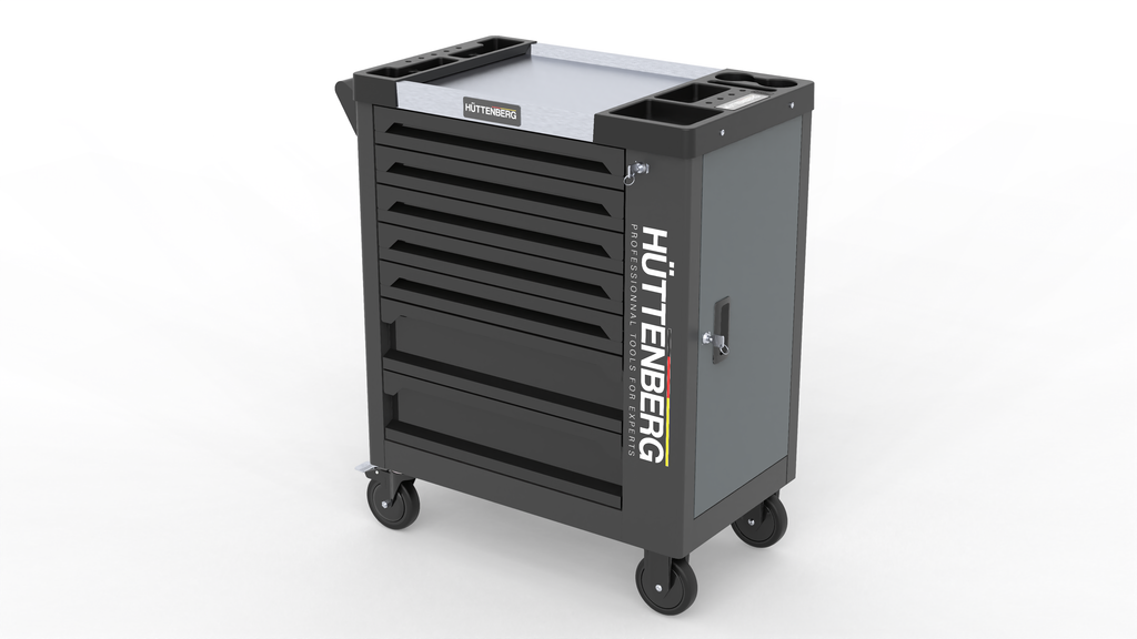 Huttenberg Servante d’Atelier 6 tiroirs rempli sur 7 avec Plan de Travail en acier – Chariot à Outils Professionnel Mobile – Atelier & Garage