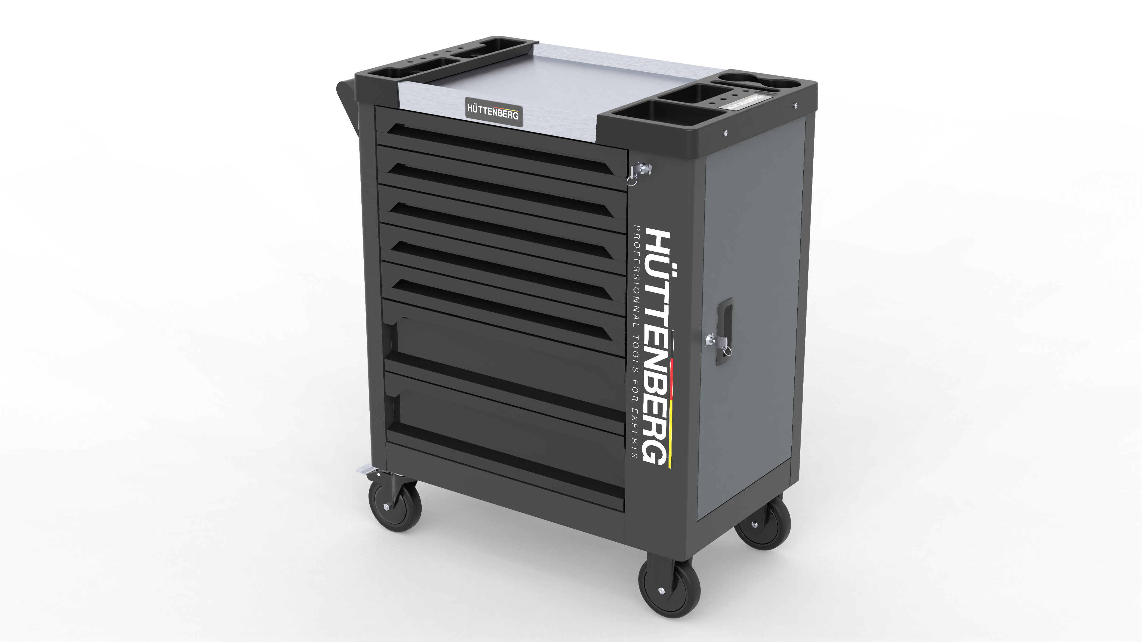 Huttenberg Servante d’Atelier 6 tiroirs rempli sur 7 avec Plan de Travail en acier – Chariot à Outils Professionnel Mobile – Atelier & Garage