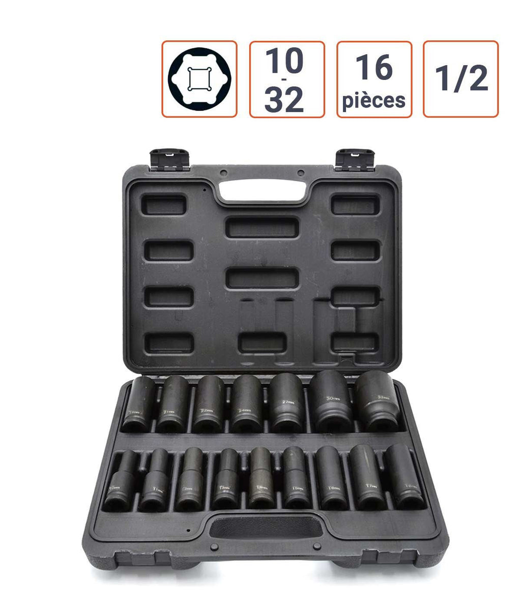 Jeu de douilles Huttenberg 1/2" impact longues 6 pans - 16 pcs