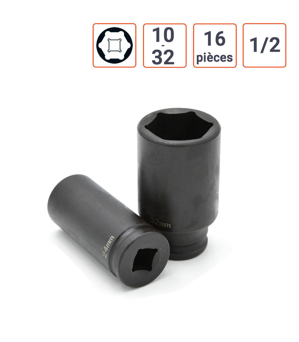 Jeu de douilles Huttenberg 1/2" impact longues 6 pans - 16 pcs