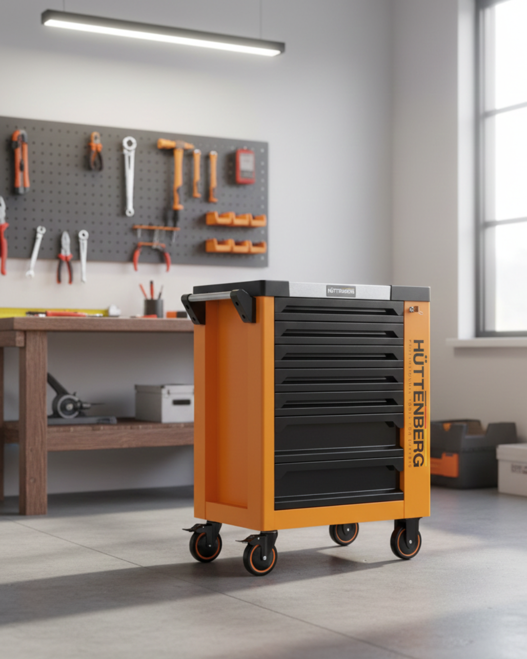 Huttenberg Servante d’Atelier 6 tiroirs rempli sur 7 avec Plan de Travail en acier – Chariot à Outils Professionnel Mobile – Atelier & Garage