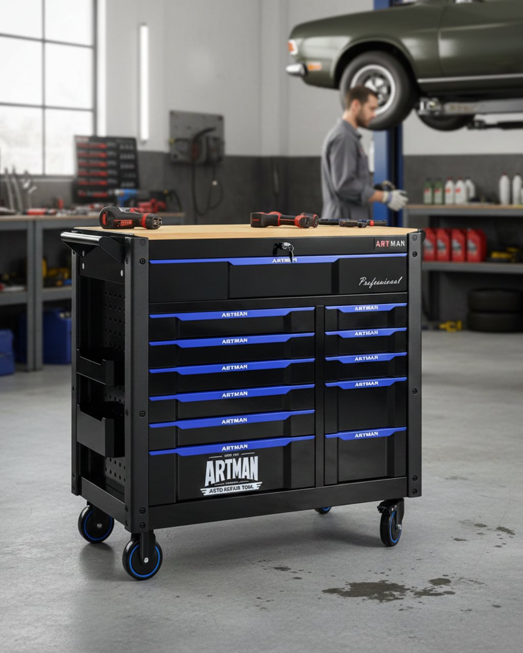 Servante d'Atelier Artman 1120x455x1000mm Très Grande Capacité  13 tiroirs – Noir/Bleu CD-4512WOOD