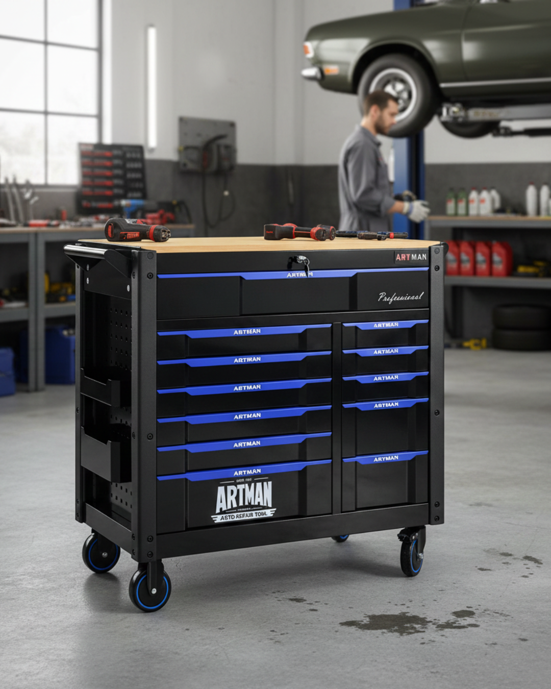 Servante d'Atelier Artman 1120x455x1000mm Très Grande Capacité  13 tiroirs – Noir/Bleu CD-4512WOOD