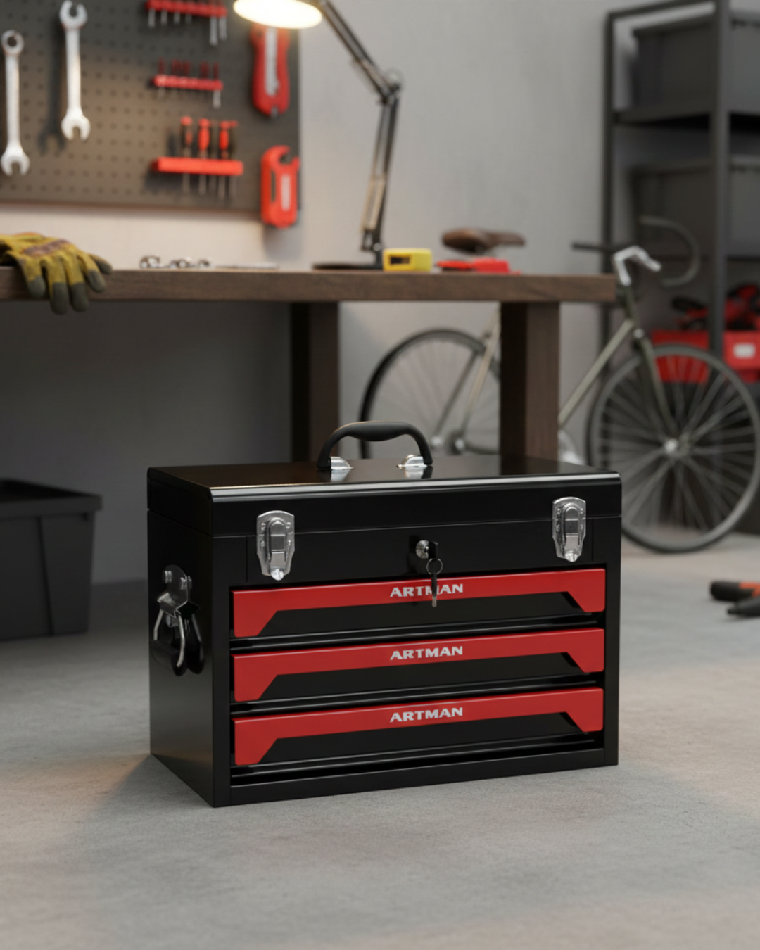 Caisse à Outils Artman 500x270x351mm avec 3 Tiroirs – Noir/Rouge - CD-2003