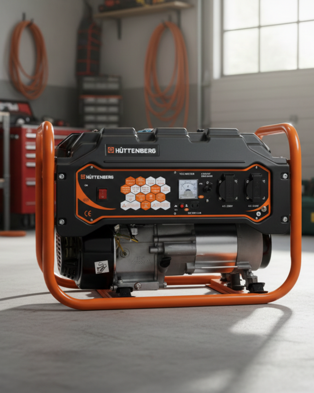 Groupe électrogène silencieux Huttenberg H8500W 3,3 kW – Essence – Mobile – Alimentation de secours - Orange