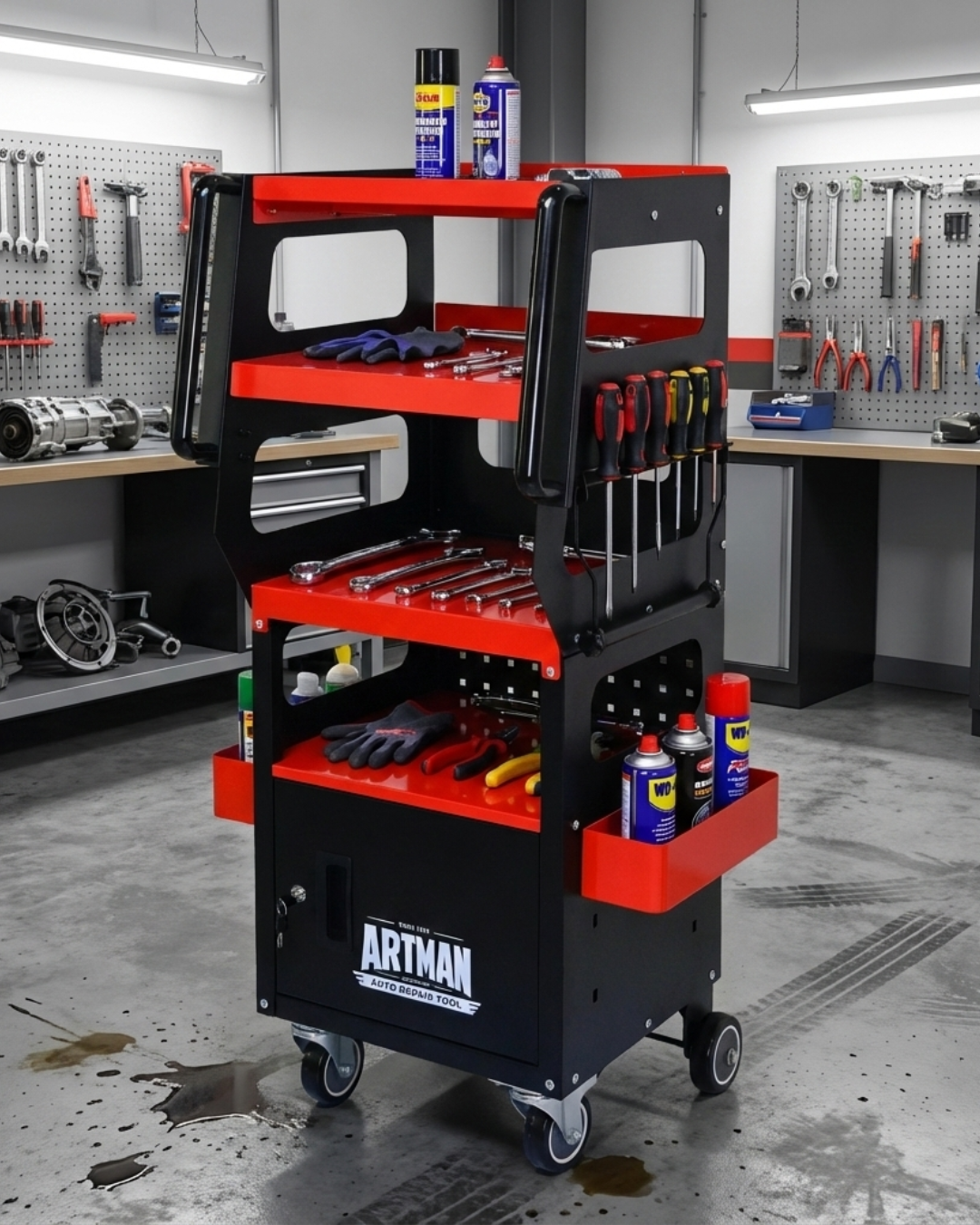 Chariot à Outils Professionnel Artmann 4 Niveaux avec Armoire – Rouge/Noir - CD-1700